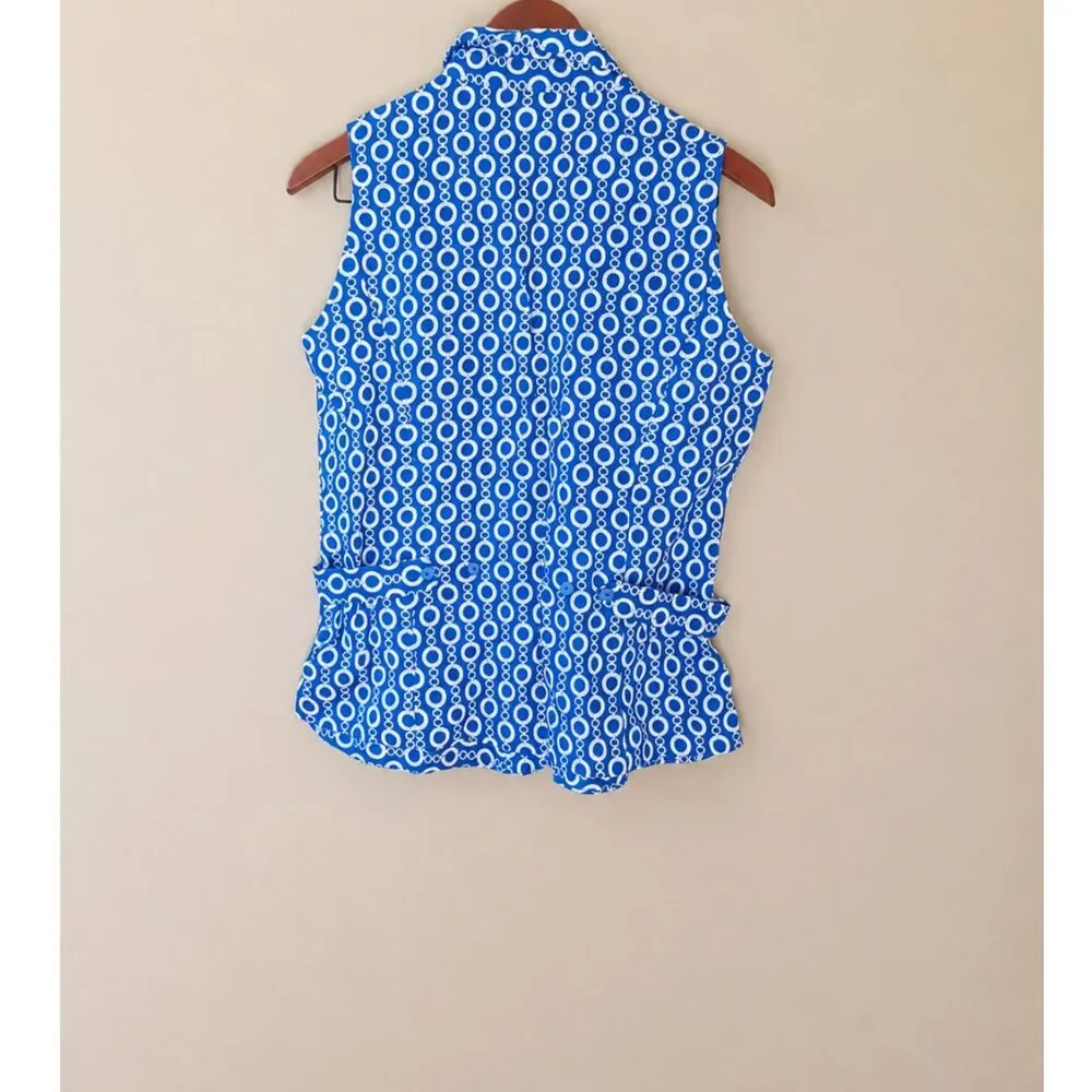 Tweeds 100% Linen Blue White Chain Link Pattern Print Size L Nautrical Resort